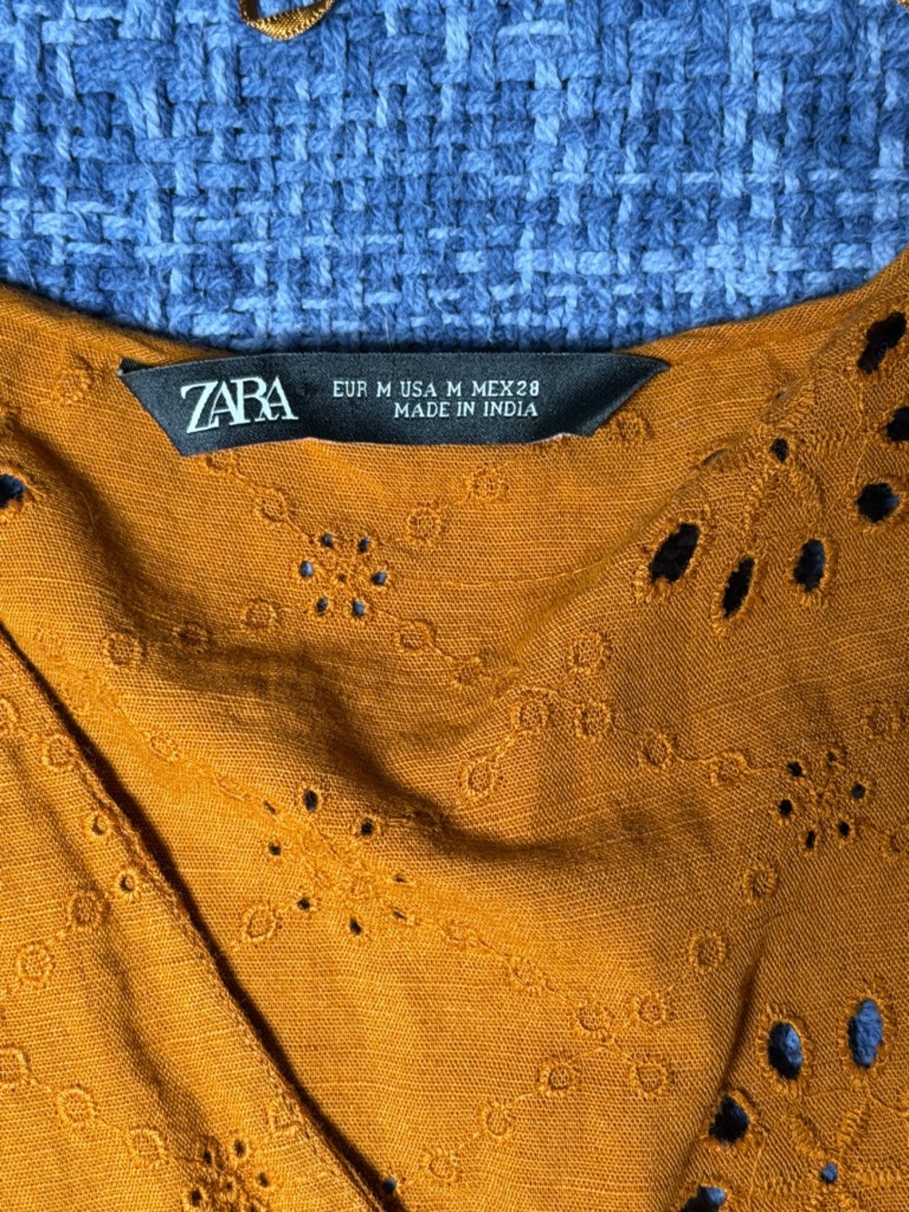 Zara Eyelet Peplum Blouse Mustard Puff Sleeve Wrap Top Medium - Picture 3 of 6
